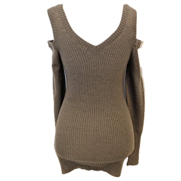 Guess | Taupe Brown Cold Shoulder Sweater Y2K Rhinestone Embellished | Medium - Picture 4 of 12